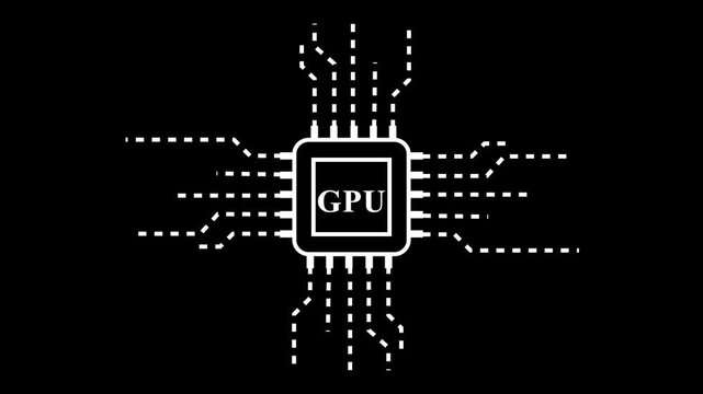 White GPU Chip Icon With Dashed Lines on Black Background