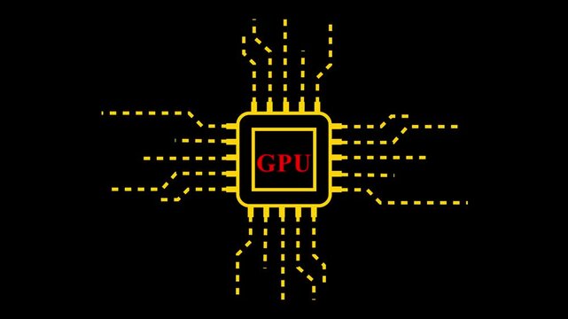 Yellow GPU Chip Icon With Red Text on Black Background