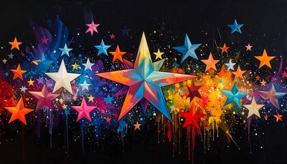 Colorful stars shine against a black background, with paint splashes adding a vibrant, artistic flair