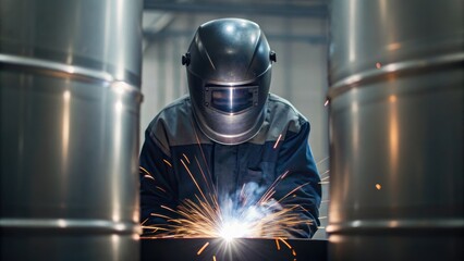 A welder in protective gear works meticulously, producing sparks in an industrial setting surrounded by barrels.