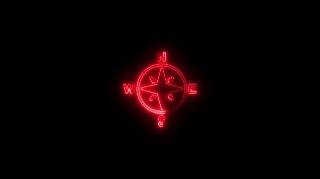 Red Neon Compass Rose on Black Background navigation