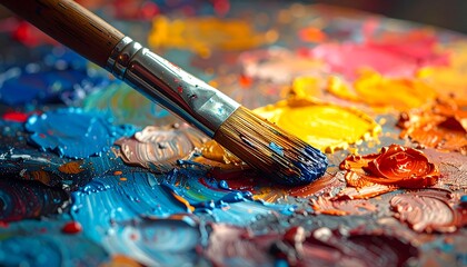 Obraz premium Close-up on a paintbrush loaded with dark blue paint sitting on a colorful, textured artist's palette