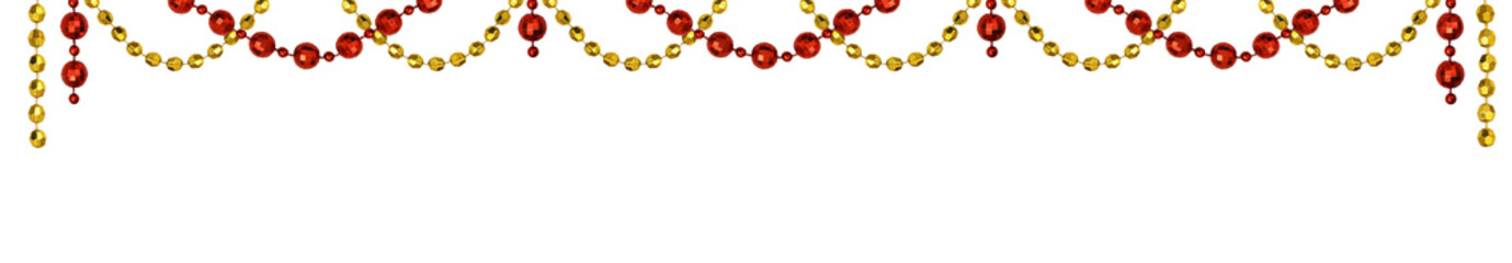 Red and golden bead garlands in a Christmas waved top arrangement isolated on white or transparent...
