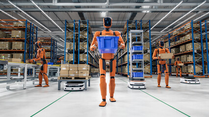 3D Render: Portrait of Autonomous AI-Powered General Purpose Humanoid Robots Working at Distribution Center. Automated Fulfillment Warehouse. Industrial Automation with Artificial Intelligence