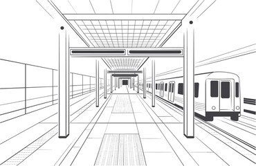 Black and white line drawing of a modern subway station platform, train pulling into the tunnel, public transportation illustration, perspective sketch