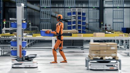 3D Render: Side view of Industrial Autonomous AI Enabled General Purpose Humanoid Robot Carrying a Package at Automated Distribution Warehouse. Industrial Automation with Artificial Intelligence