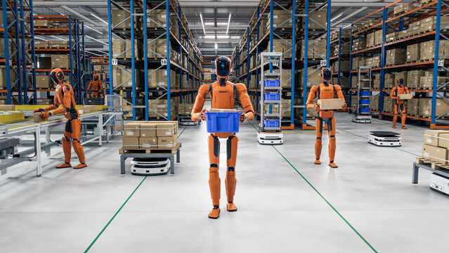3D Render: Industrial Autonomous AI-Enabled General Purpose Humanoid Robots Working at Distribution Center. Automated Fulfillment Warehouse. Industrial Automation with Artificial Intelligence