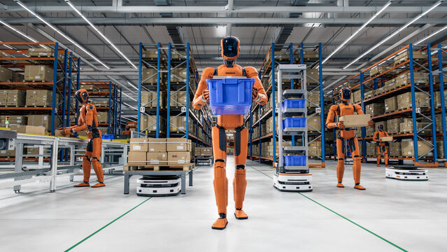 3D Render: Portrait of  Autonomous AI-Powered General Purpose Humanoid Robots Working at Distribution Center. Automated Fulfillment Warehouse. Industrial Automation with Artificial Intelligence