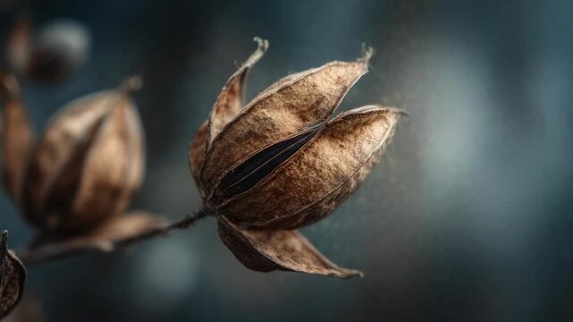 Dried brown seed pod splitting open and releasing tiny seeds.