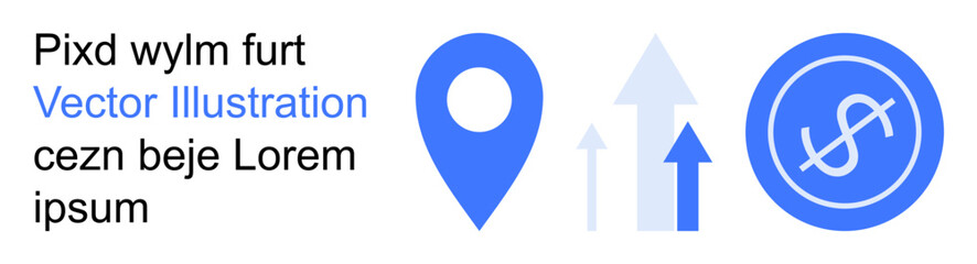 Business growth, financial trends, navigation, economy, data analysis, tech communication. Blue location icon, upward arrows money symbol in modern layout. Business growth and financial trends