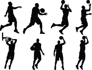 Dynamic Basketball Player Silhouette Vector Set Featuring Eight Male Athletes in Various Action Poses: Jumping, Shooting, Dribbling, Dunking, and Playing the Sport Game on a White Background.