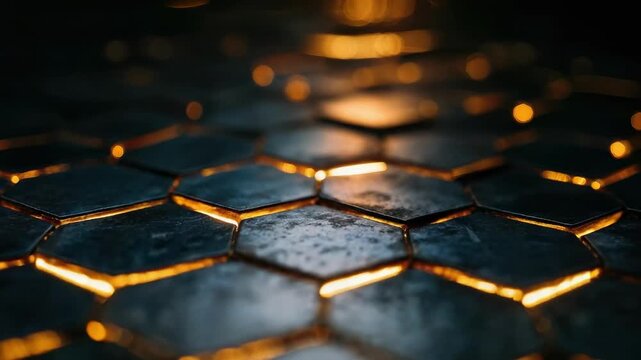 Close-up of hexagonal tiles forming a honeycomb pattern with glowing orange edges.