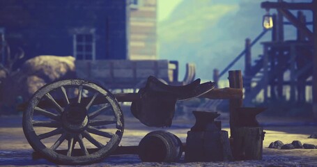 Wooden wagon wheel and various rustic tools sit together in a historical outdoor setting, capturing the essence of bygone craftsmanship in a tranquil atmosphere.