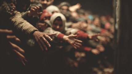 Line of starving refugees reaching for aid left against a dark background, depicting poverty, hunger, and need. Social problem and humanitarian crisis concept.