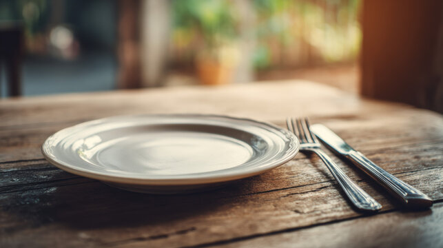 Empty plate and silverware on an old wooden table. Concept of poverty, hunger, and food insecurity for social issues illustration.