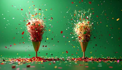 Colorful confetti explodes from two golden cone-shaped objects against a vibrant green backdrop, creating festive energy