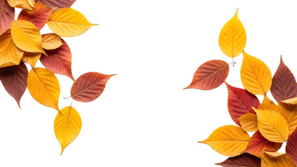 Vibrant autumn leaves in warm hues of yellow and red scattered against a stark black background.