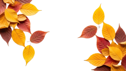 Vibrant autumn leaves in warm hues of yellow and red scattered against a stark black background.