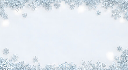 Beautiful white and blue winter holiday background with decorative crystal snowflake border frame and copy space
