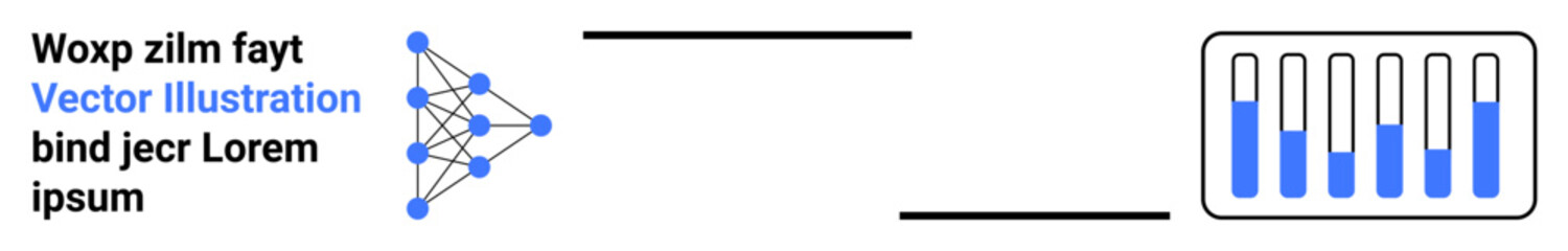Obraz premium Neural network framework analyzing data through connected nodes with output bars showing representation. Ideal for AI, machine learning, data science, technology, education, research, simple landing