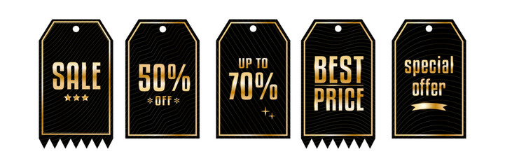 Elegant black and gold sale tags with luxury metallic accents. Stylish discount labels for fashion promotions, marketing materials, online shops, exclusive offers, branding visuals and modern retail d