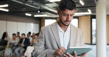 Businessman, reading or tablet in office with meeting for workshop coordination, agenda or plan. People, coordinator or scroll in workplace with tech, conference schedule or corporate training review