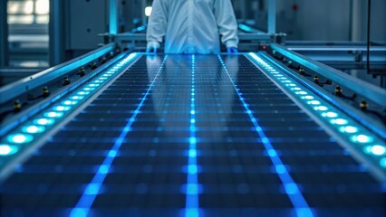 High-tech manufacturing environment showcasing a conveyor belt with illuminated solar panels and a technician in protective gear.