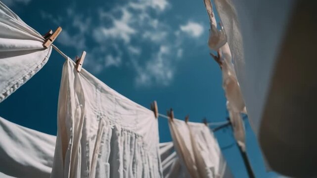 White laundry hanging on a clothesline against a bright blue sky.
