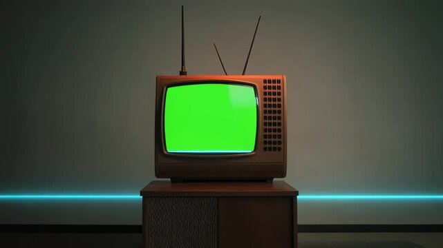 Retro Television Set with Green Screen Displaying Glitch Effect and Vibrant Neon Light for Chroma Key Compositing in a Dark Room