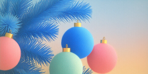 Vintage Canvas-Texture Christmas Scene with Deep Blue Fir Branch, Matte Blue Green Orange Red Ornaments, Retro Grain, Soft Blur Glow, Warm Pastel Haze and Artistic Old-Film Holiday Aesthetic