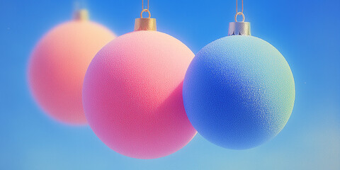 Soft Vintage Matte Christmas Ornaments in Pastel Pink, Peach Orange and Gentle Blue, Retro Blur Glow, Warm Grainy Texture, Subtle Light Haze Creating Tender Festive Mood and Dreamy Old-Film Aesthetic 