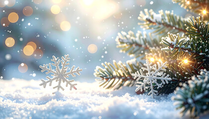 snowflakes and pine branches with soft lights Christmas background.