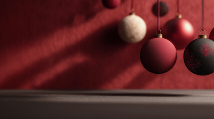 Red Minimalistic New Year Background with Hanging Festive Christmas Balls, Soft Shadows, Light Area, Luxury Holiday Composition, Detailed Commercial Design