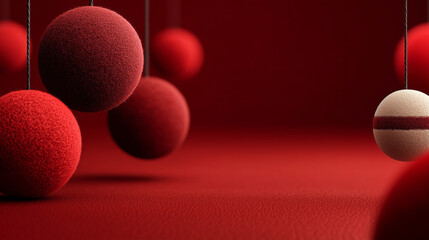 Red Minimalistic New Year Background with Empty Center Space and Hanging Christmas Balls on the Sides, Soft Shadows, Luxury Festive Design, Detailed Holiday Composition