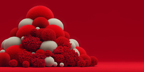 Christmas Yarn Pom-Pom Red White Tree on Bright Red Background, Minimalist Fashion-Style Holiday Scene with Soft Festive Atmosphere