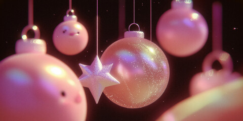 Retro 80s Christmas Background with Hanging Holiday Ornaments, Grainy Texture, Warm Festive Atmosphere, New Year Decor, Cozy Vintage Style