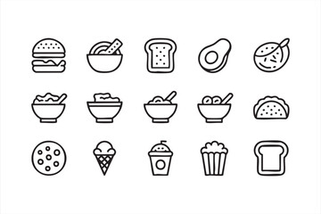 Restaurant menu icon set with line-style dishes, snacks and dessert elements