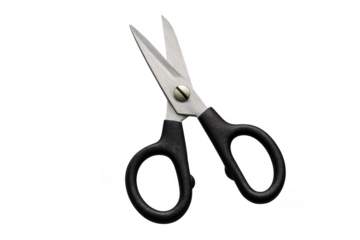 Open scissors with black handles on transparent background