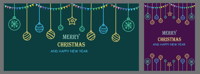 Christmas banner, poster and card set featuring colorful hanging ornaments, festive garlands and neon line art. Modern holiday design perfect for winter celebration, greetings and New year design.