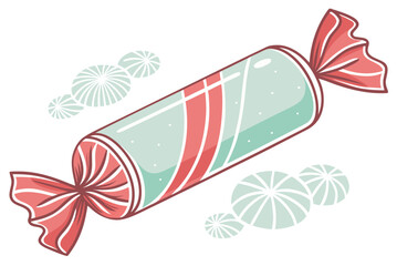 minimal wrapped candy, cylindrical shape with twisted ends, soft red or mint pastel tones, clean outline, festive treat icon, isolated on white, vector flat illustration

