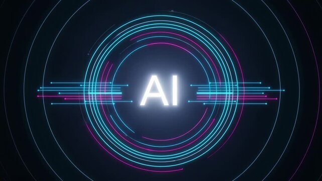 AI logo with glowing neon circles and data streams on dark background artificial intelligence symbol