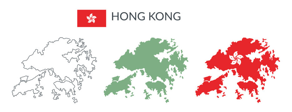 Hong Kong geographical borders isolated on white background. Flag of Hong Kong. Vector flat cliparts.