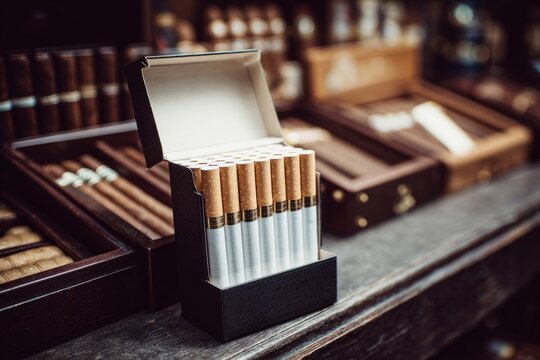 Open cigarette pack on wooden counter in tobacco shop