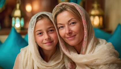 Woman and young girl share a warm, close moment while wearing traditional draped head coverings indoors