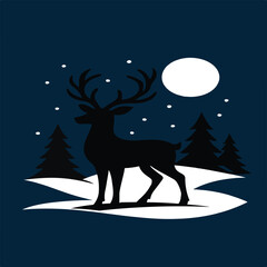 Winter Night Deer Silhouette Vector: Christmas and Holiday Scenery with Snow, Pine Trees, and Full Moon.