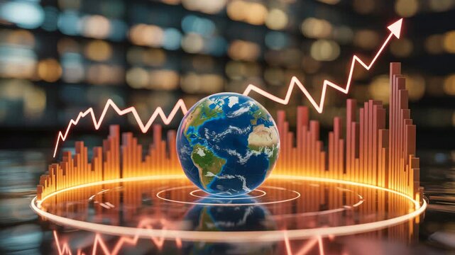Global financial growth chart with earth and upward trending arrow globe world