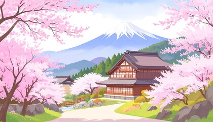 Fototapeta premium Spring landscape with cherry blossoms and mountain (1)