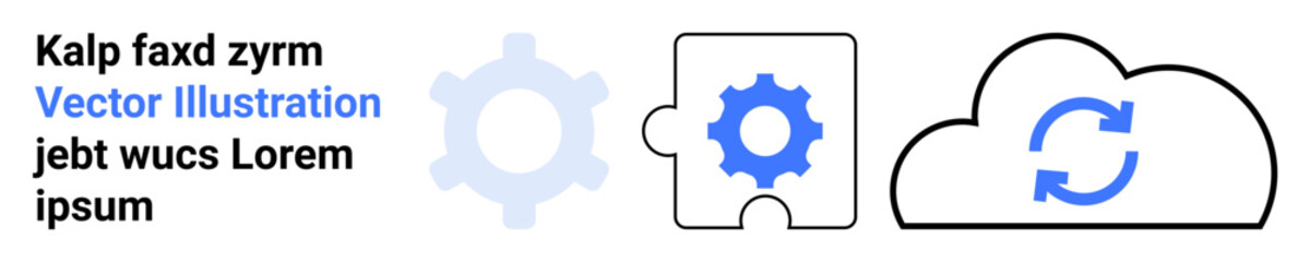 Data synchronization, cloud services, team collaboration, process automation, software integration, innovation. Gear, puzzle piece and cloud outline with sync symbol. Data synchronization and cloud