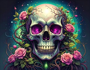Fototapeta premium Skull adorned with roses and vines, celestial backdrop