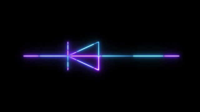 Neon Diode Symbol Glowing Animation, Vibrant Multicolor Electric Semiconductor Arrow Icon with Futuristic Neon Light Outline and Pulsing Energy Effect on Black Background